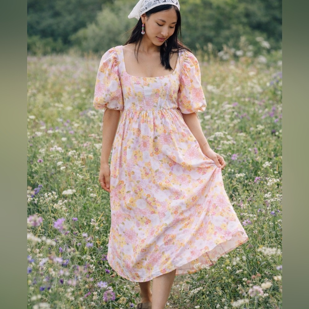 For Love & Lemons Carrie Midi Dress XS Pink Floral Puff Sleeve Corset Sundress